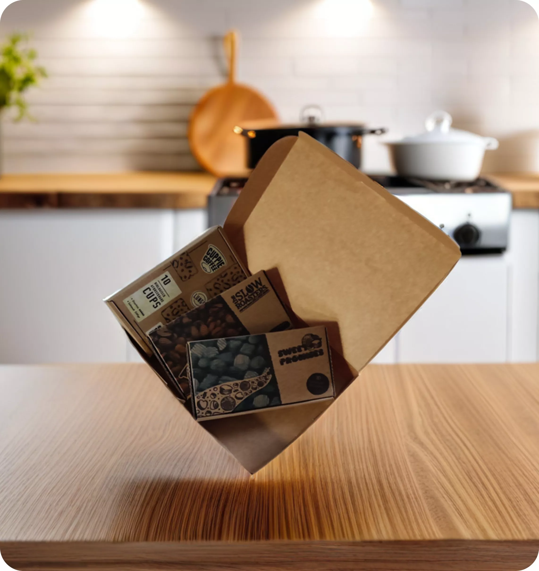 Three In A Box doos op een keukenblad